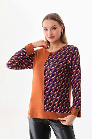 Sistas Kadın Desenli Bisiklet Yaka Uzun Kol Bluz 23592 Camel