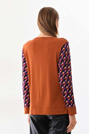 Sistas Kadın Desenli Bisiklet Yaka Uzun Kol Bluz 23592 Camel