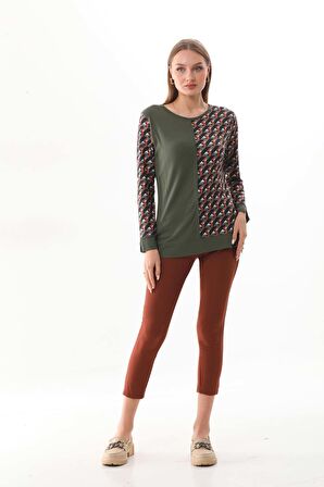 Sistas Kadın Desenli Bisiklet Yaka Uzun Kol Bluz 23592 Haki