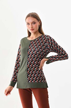 Sistas Kadın Desenli Bisiklet Yaka Uzun Kol Bluz 23592 Haki