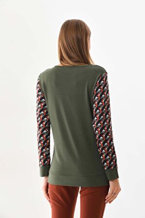 Sistas Kadın Desenli Bisiklet Yaka Uzun Kol Bluz 23592 Haki