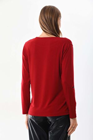 Sistas Kadın Desenli Uzun Kol Bluz 23525 Bordo