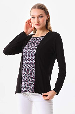 Sistas Kadın Desenli Uzun Kol Bluz 23525 Siyah