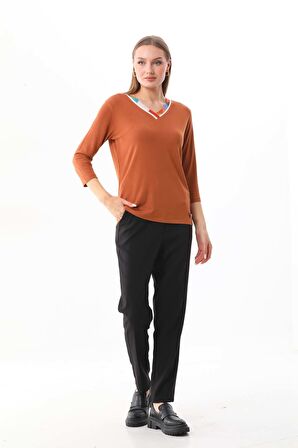 Sistas Kadın V Yaka Truvakar Kol Bluz 23588 Camel