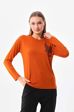 Sistas Kadın İşleme Detaylı Uzun Kol Bluz 23640 Kiremit