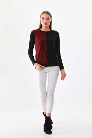 Sistas Kadın Desenli Bisiklet Yaka Uzun Kol Bluz 23619 Bordo