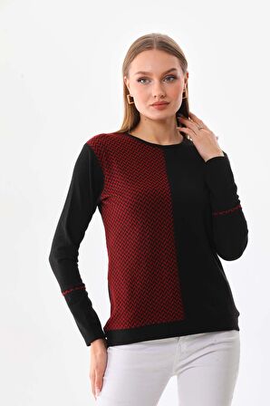 Sistas Kadın Desenli Bisiklet Yaka Uzun Kol Bluz 23619 Bordo
