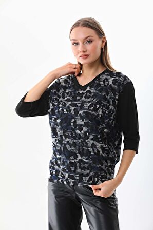 Sistas Kadın Desenli Truvakar Kol V Yaka Bluz 23649 Siyah