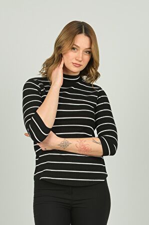 Sistas Kadın Çizgili Pamuklu Bluz 3655 Siyah