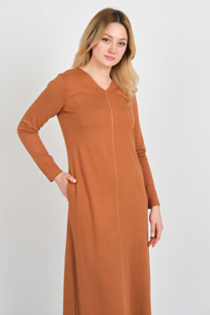 Sistas Kadın V Yaka Çift Cepli İnce Şerit Detaylı Maxi Elbise 23813 Camel
