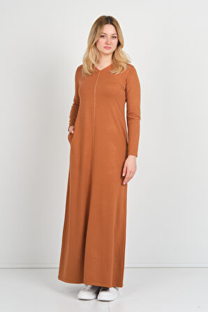 Sistas Kadın V Yaka Çift Cepli İnce Şerit Detaylı Maxi Elbise 23813 Camel