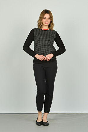 Sistas Kadın Kazayağı Desenli Uzun Kol Bluz 3668 Siyah-Antrasit