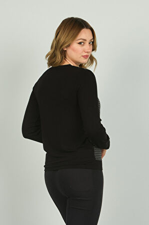 Sistas Kadın Kazayağı Desenli Uzun Kol Bluz 3668 Siyah-Antrasit