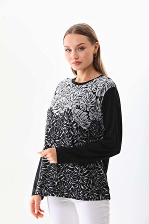Sistas Kadın Desenli Bisiklet Yaka Uzun Kol Bluz 23672 Antrasit