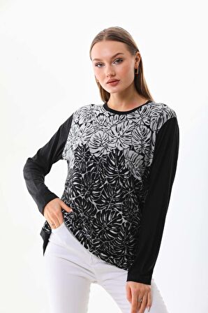 Sistas Kadın Desenli Bisiklet Yaka Uzun Kol Bluz 23672 Antrasit