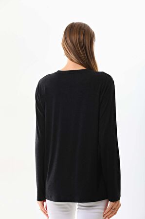 Sistas Kadın Desenli Bisiklet Yaka Uzun Kol Bluz 23672 Antrasit