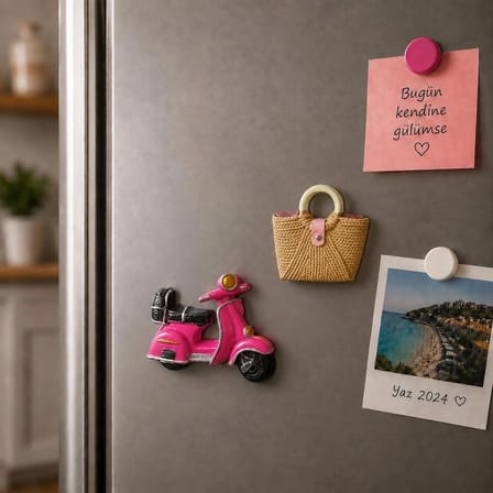 Pembe Scooter ve Hasır Çanta Dekoratif Buzdolabı Magneti 2’li Set