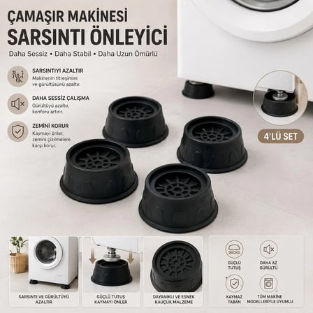 Titreşim Önleyici Çamaşır Makinesi Ayak Pedi - 4 lü Set (Kaymaz - Sessiz - Zemin Koruyucu)