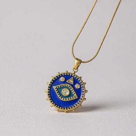 Çelik Uçlu Zirkon Nazar Boncuğu Kolye - Altın Sarısı Renginde