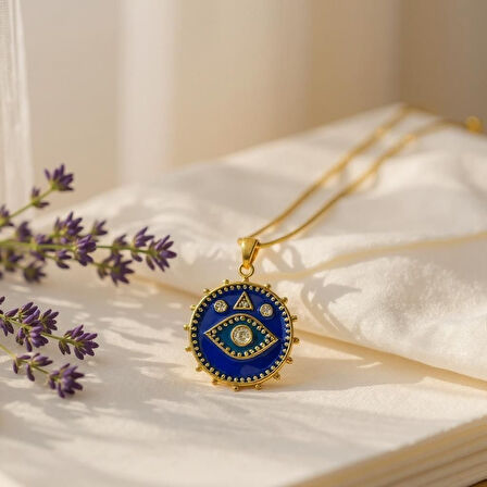 Çelik Uçlu Zirkon Nazar Boncuğu Kolye - Altın Sarısı Renginde