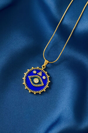 Çelik Uçlu Zirkon Nazar Boncuğu Kolye - Altın Sarısı Renginde