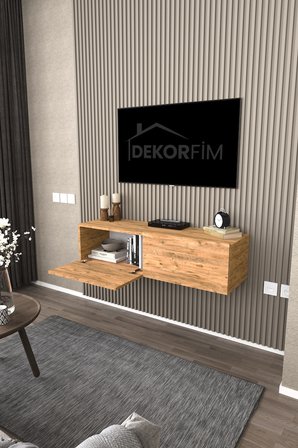 DF17101 Duvara Monte TV Ünitesi Kapaklı Raflı TV Sehpası Modern Duvar Raflı TV Alt Ünitesi Atlantik Çam
