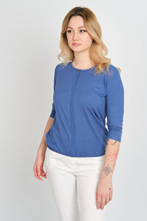 Sistas Kadın Omuz ve Kolları Tül Detaylı Beli Lastikli Truvakar Kol Bluz 23321 Indigo