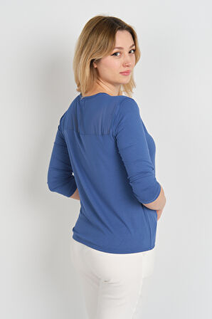 Sistas Kadın Omuz ve Kolları Tül Detaylı Beli Lastikli Truvakar Kol Bluz 23321 Indigo
