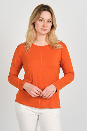 Sistas Kadın Ön Kısım İnce Parlak Şeritli Arkası Süs Düğmeli Uzun Kol Bluz 3319 Kiremit