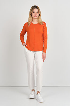 Sistas Kadın Ön Kısım İnce Parlak Şeritli Arkası Süs Düğmeli Uzun Kol Bluz 3319 Kiremit