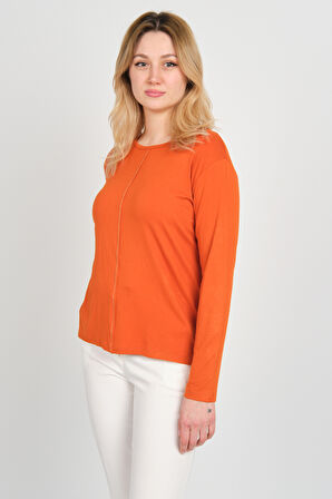 Sistas Kadın Ön Kısım İnce Parlak Şeritli Arkası Süs Düğmeli Uzun Kol Bluz 3319 Kiremit