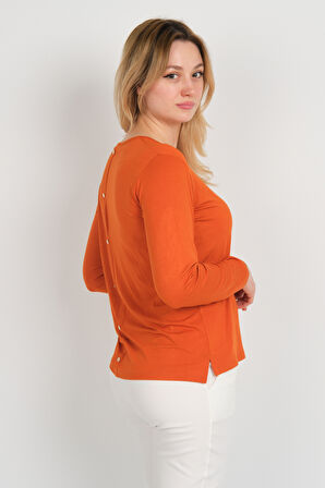 Sistas Kadın Ön Kısım İnce Parlak Şeritli Arkası Süs Düğmeli Uzun Kol Bluz 3319 Kiremit