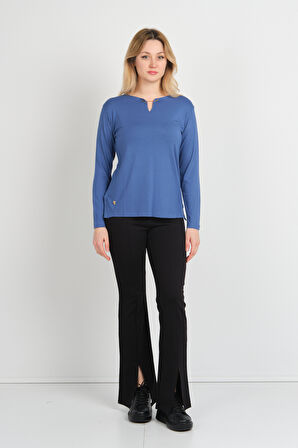 Sistas Kadın Yakası Zincir Tokalı Yandan Yırtmaçlı Uzun Kol Bluz 24014 Indigo