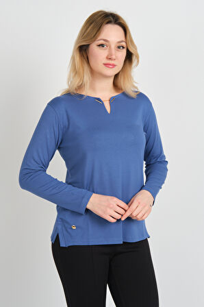 Sistas Kadın Yakası Zincir Tokalı Yandan Yırtmaçlı Uzun Kol Bluz 24014 Indigo