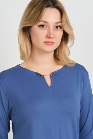 Sistas Kadın Yakası Zincir Tokalı Yandan Yırtmaçlı Uzun Kol Bluz 24014 Indigo