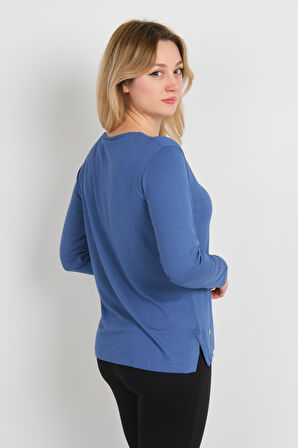 Sistas Kadın Yakası Zincir Tokalı Yandan Yırtmaçlı Uzun Kol Bluz 24014 Indigo