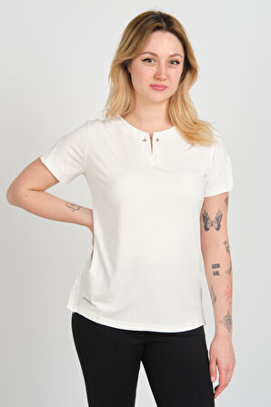 Sistas Kadın Yakası Tokalı Etek ve Kolları Yırtmaçlı Metal Süs Detaylı Bluz 24132 Ekru