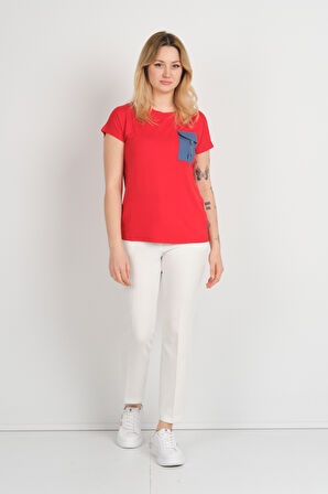 Sistas Kadın Düşük Kol Tek Cep Detaylı Bisiklet Yaka Bluz 24107 Kırmızı