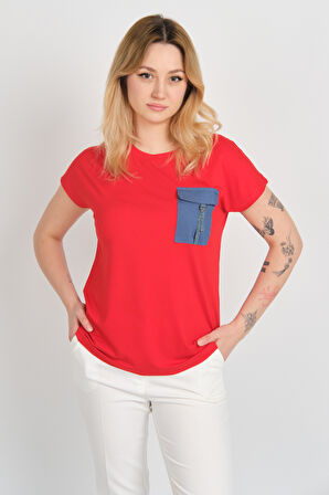 Sistas Kadın Düşük Kol Tek Cep Detaylı Bisiklet Yaka Bluz 24107 Kırmızı