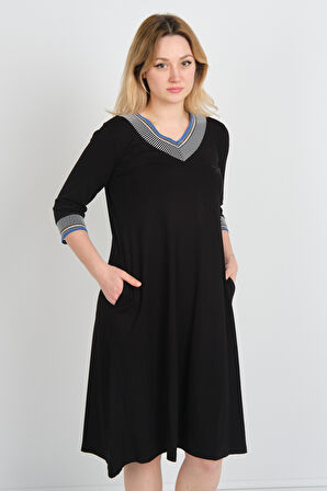Sistas Kadın V Yaka Yarım Kol Kelebek İşlemeli Çift Cepli Elbise 24426 Siyah