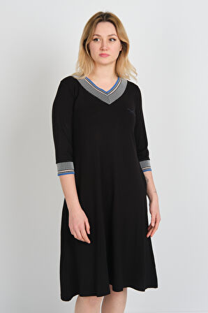 Sistas Kadın V Yaka Yarım Kol Kelebek İşlemeli Çift Cepli Elbise 24426 Siyah