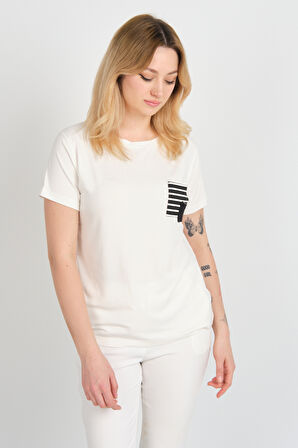 Sistas Kadın Cep Detaylı Kısa Kollu Bisiklet Yaka Bluz 24240 Ekru