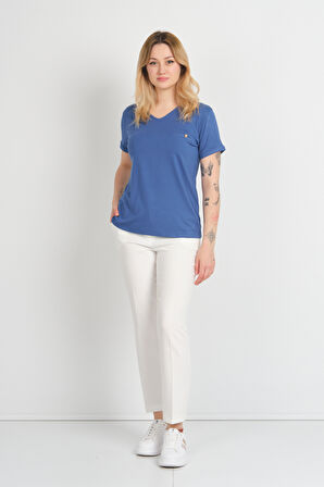 Sistas Kadın Kısa Kollu Süs Cep Detaylı Duble Kol Bluz 4110 Indigo