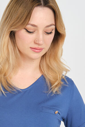 Sistas Kadın Kısa Kollu Süs Cep Detaylı Duble Kol Bluz 4110 Indigo