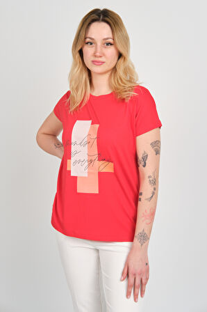 Sistas Kadın Baskı Desenli Düşük Kol Bisiklet Yaka Bluz 24272 Kırmızı