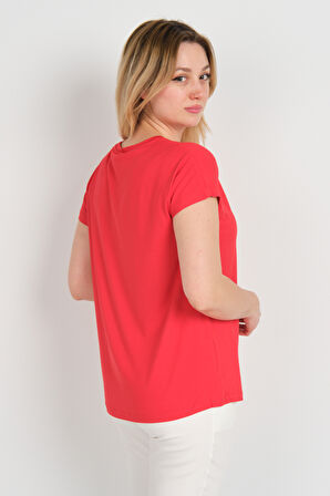 Sistas Kadın Baskı Desenli Düşük Kol Bisiklet Yaka Bluz 24272 Kırmızı