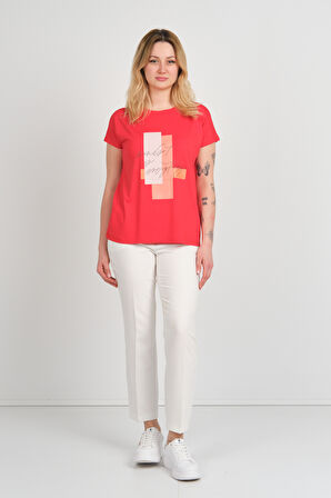 Sistas Kadın Baskı Desenli Düşük Kol Bisiklet Yaka Bluz 24272 Kırmızı