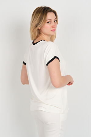 Sistas Kadın Düşük Kol Boncuk İşlemeli Bisiklet Yaka Bluz 24274 Ekru