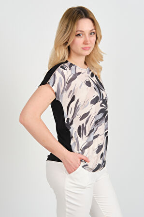 Sistas Kadın Düşük Kol Desenli Bisiklet Yaka Bluz 24280 Siyah