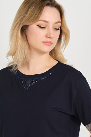 Sistas Kadın Yakası Parlak Taş Süslemeli Kısa Kollu Bluz 24281 Lacivert